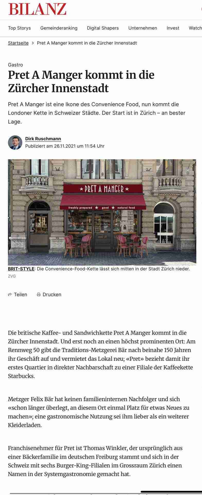 Pret A Manger kommt in die Zürcher Innenstadt