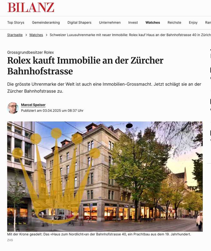 Rolex kauft Immobilie an der Zürcher Bahnhofstrasse