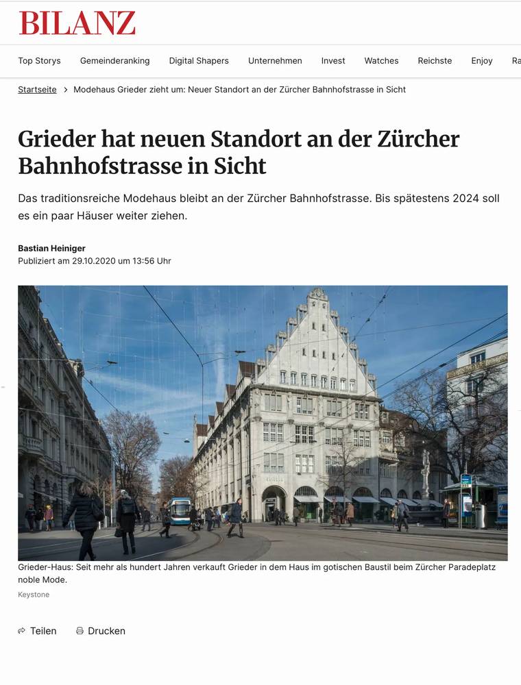 Grieder hat neuen Standort an der Zürcher Bahnhofstrasse in Sicht